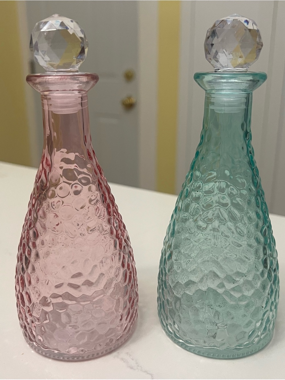 Set 2. Decorative Glass Hammered with Faceted Stopper - Pink and Aqua